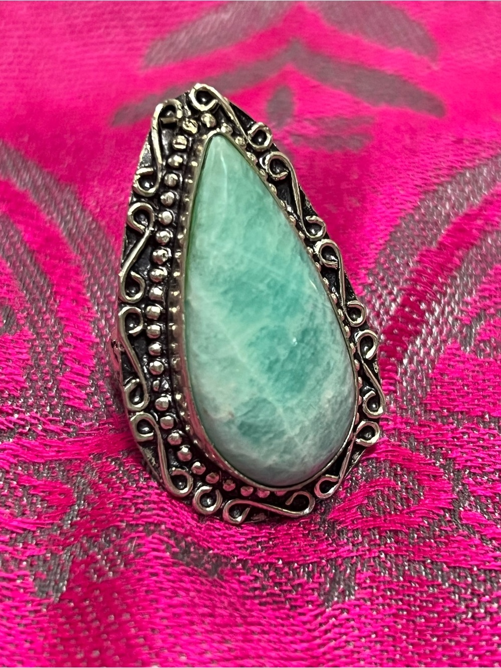Silver Plated Teardrop Amazonite Statement Ring Size 6